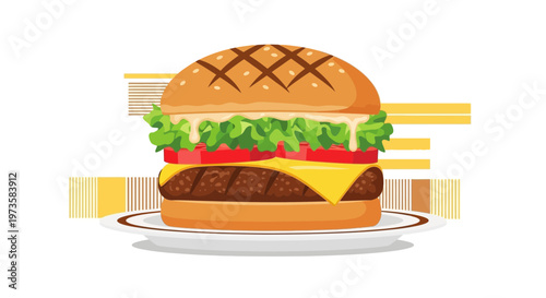 Delicious Burger on a Plate with Lettuce, Tomato, Cheese, and Beef Patty