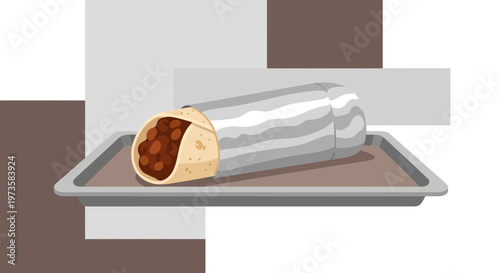 Delicious burrito wrapped in foil on a tray, isolated on abstract background