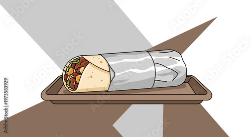 Delicious Burrito Wrapped in Foil on a Tray, Mexican Food Illustration