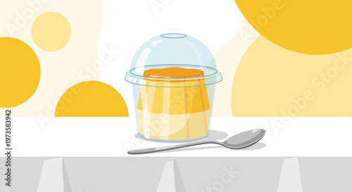 Delicious caramel custard dessert in a clear cup with a spoon, sweet treat, refreshing dessert