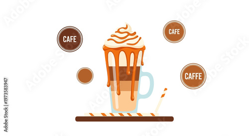 Delicious Caramel Drip Coffee with Whipped Cream and Syrup, Cafe Drink