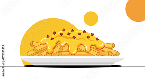 Delicious Cheese Fries with Bacon Bits on a White Plate, Minimalist Yellow Background