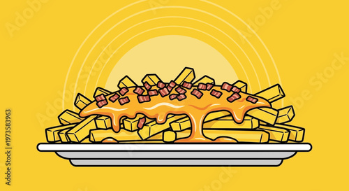 Delicious Cheese Fries with Bacon Topping on a Plate with Yellow Background