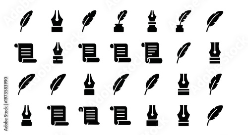 Quill pen, inkwell, vintage writing icons, 25 black vector graphics, illustration set
