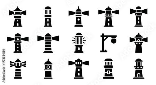 Lighthouse icons, black silhouette set, 13 nautical symbols, vector graphics, coastal navigation, maritime signs, lighthouse collection