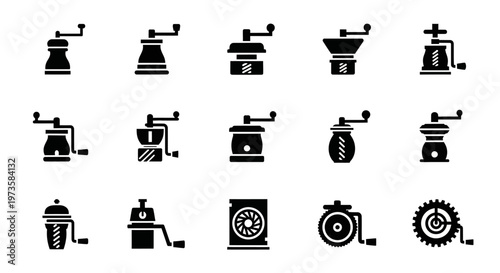 Black coffee grinder icons, coffee mill symbols, vector graphics, 16 illustration set