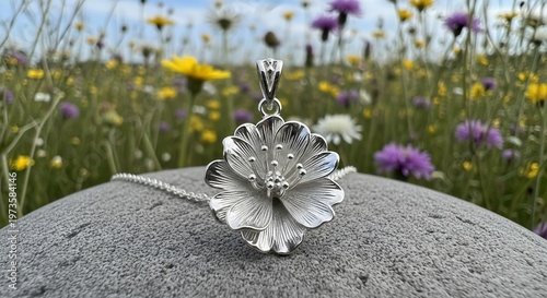 Silver Flower Pendant on Stone with Wildflower Meadow Backdrop