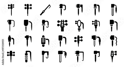 Black guitar, bass, and ukulele icons set, 30 musical instrument symbols, vector illustration, guitar accessories, music elements