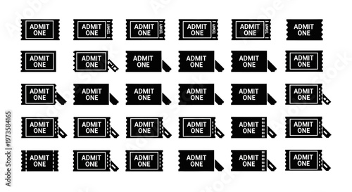 Admit One, ticket stubs, black and white, vector icons, set of 25