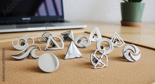 Silver Geometric Pins on Corkboard with Laptop and Plant Background