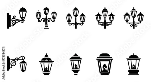 Street lamp icons, lantern vector set, outdoor lighting fixtures, black silhouette graphics