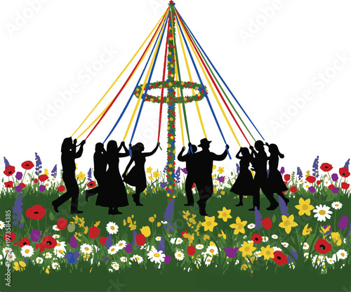 Traditional Maypole Dance Illustration with People Silhouettes and Wildflowers