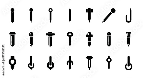 Black screw, bolt, nail icons set, 20 industrial fastener symbols, vector graphics, black and white, metal hardware illustrations, construction tools