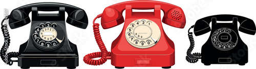 Vintage rotary telephone collection with classic retro landline phones in different colors, old communication devices vector illustration set