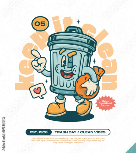 Metal Trash Can Trendy Retro Cartoon Vector Hand Drawn 5