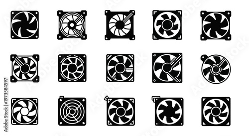 Computer fan icons, ventilation symbols, cooling signs, 16 fan designs, vector graphics
