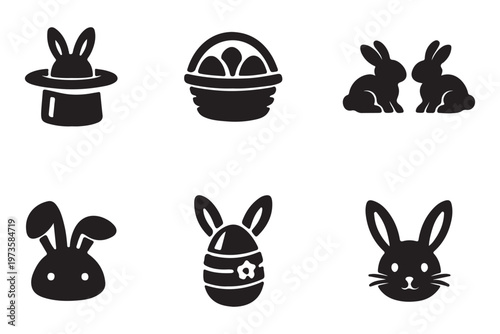 Art & Illustration Rabbit silhouettes, animal poses, bunny icons, wildlife vector illustration, nature concept, leaping rabbits, crouching design, sitting stance, black artwork, zoology
