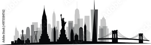 New York skyline, Statue of Liberty, Empire State Building, Chrysler Building, Brooklyn Bridge, urban architecture, cityscape illustration, iconic landmarks, layered depth, cultural symbol
