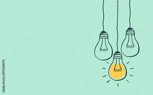 Minimal line light bulbs hanging with one glowing bulb representing idea concept