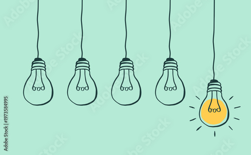 Minimal line light bulbs hanging with one glowing bulb representing idea concept
