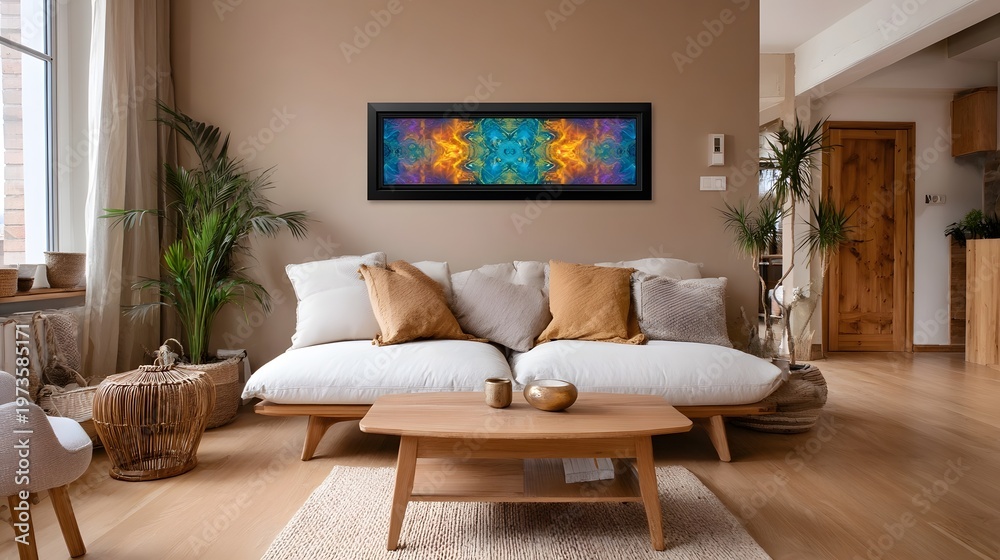Fototapeta premium A brightly lit cozy modern living room featuring neutral furniture wooden accents and vibrant abstract artwork surrounded by lush tropical plants