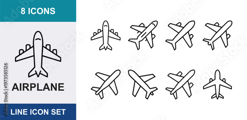 Airplane line icon set, 8 icons of commercial aircraft and passenger planes, minimalist aviation flight vector symbols for travel and transport