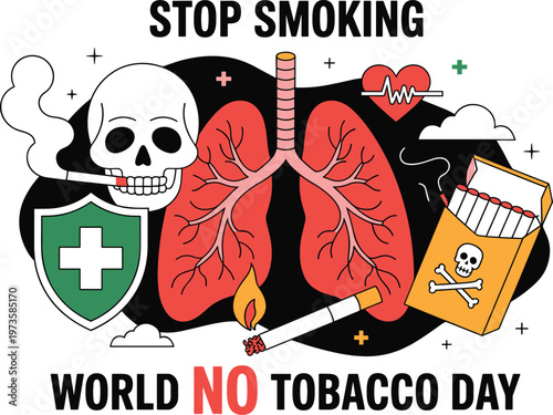 Cartoon character crushing cigarettes with "stop smoking" text