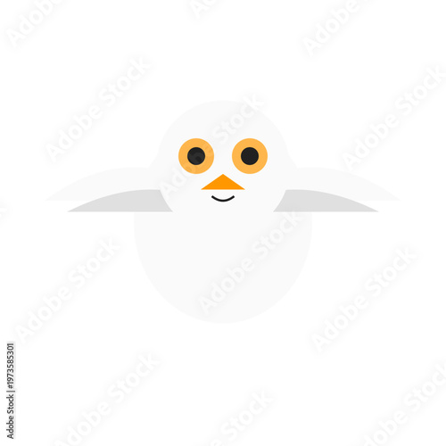 A cheerful cartoon bird with big eyes and wings spread wide in a happy expression floats in air
