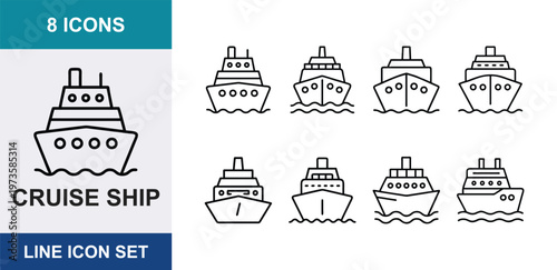 Cruise ship line icon set, 8 ocean liner vector symbols, nautical travel and maritime transport icons, minimal boat and ferry outline graphics
