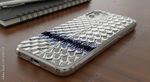 Silver iPhone with Scale Design Case on Wooden Desk with Notebook