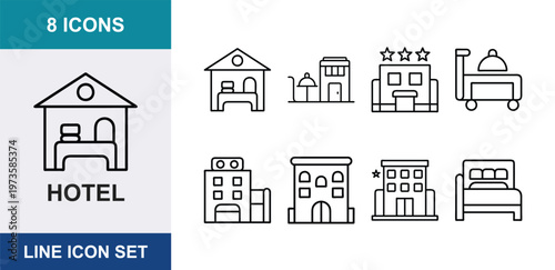 Hotel line icon set, 8 icons for hospitality and travel services, minimalist building and accommodation symbols, vector outline graphic elements