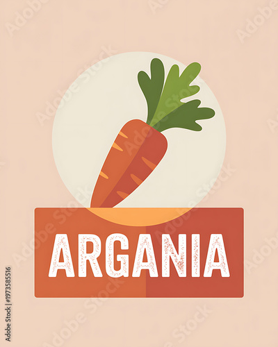 A vibrant illustration of a carrot with green leaves on a peach background with the word argania