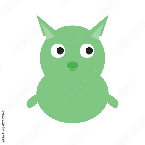 A cute green cartoon creature with large eyes and pointy ears sits on a plain background