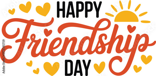 Colorful "happy friendship day" greeting with sun and hearts