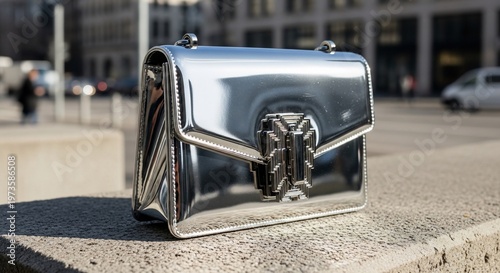 Silver Metallic Handbag with Geometric Clasp on Concrete Ledge in Urban Setting