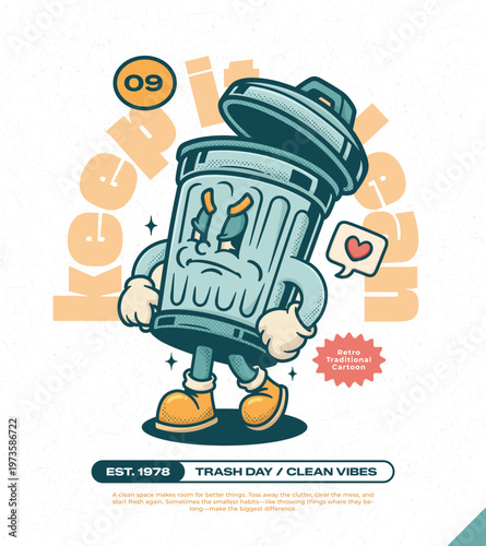 Metal Trash Can Trendy Retro Cartoon Vector Hand Drawn 9