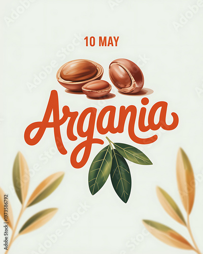 Argania logo with argan nuts and leaves on light green background