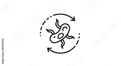 Cute Cartoon Bacteria Icon with Circular Arrows, Microbiology and Science Concept