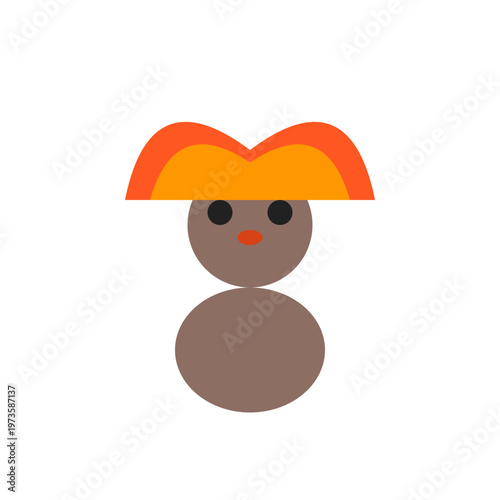 A cartoon character with a vibrant orange hat and brown body stands alone.