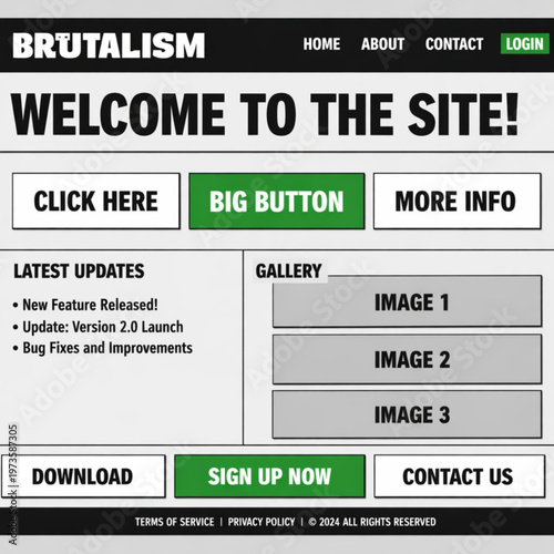 Digital interface design featuring navigation, interactive buttons, and content areas for updates and a gallery, for a functional user experience
