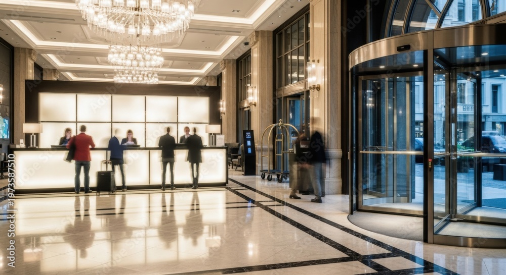 Fototapeta premium Modern Hotel Lobby Reception Desk with Guests