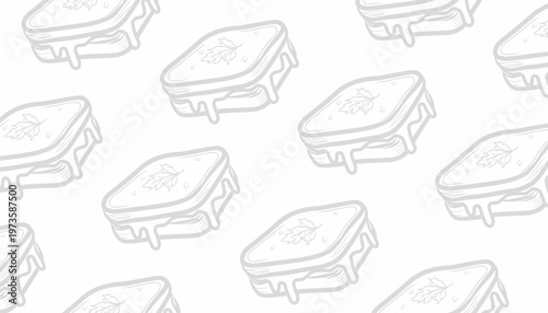 Sandwich Seamless Pattern Design. Grilled Food Illustration Style. Layered Bread Filling Motif. Handdrawn Fast Food Pattern. Background For Packaging Textile.