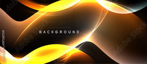 Abstract design features flowing curves, vibrant yellow, orange hues. Dark background emphasizes luminosity, creating dynamic visual effect.