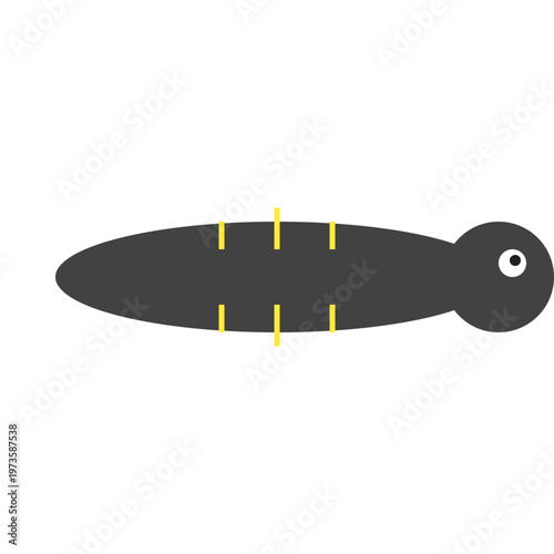 A sleek black fishing lure with yellow stripes and a white eye travels through water.
