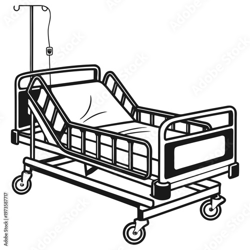 Hospital bed vector illustration, medical clinic gurney with IV pole and wheels, adjustable patient recovery bed line art for healthcare design