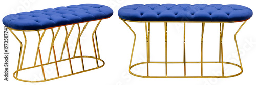 Real upholstered ottoman stool photographed in studio and isolated on transparent background