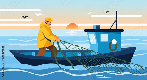 Vivid flat illustration of a diligent fisherman casting a net from his small boat into the serene ocean at sunset, capturing the essence of marine livelihood