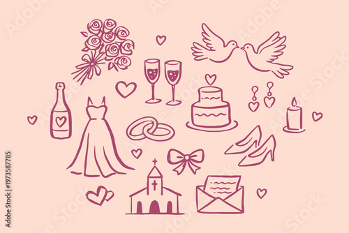 Wedding doodle icon set hand drawn vector illustration