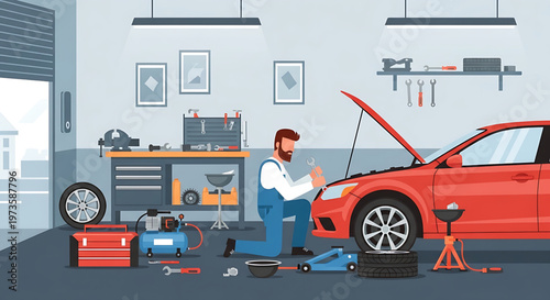 Mechanic working on car engine in garage with tools and equipment for auto repair services