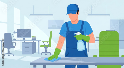 Dedicated professional cleaning service specialist meticulously sanitizing a modern office workspace, ensuring a pristine and healthy environment for businesses and employees